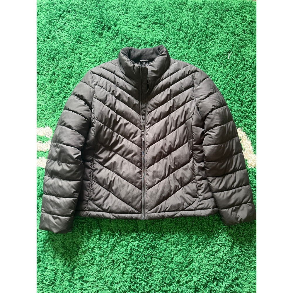 Gap Womens XL Black‎ Chevron Quilted Puffer Jacket Full Zip Fleece Collar Coat